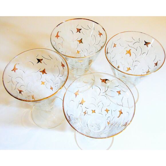 VTG Mid-Century Libbey Royal Fern Set (4) WINE / WATER GLASS Stem 3004 Gold Leaf - Picture 5 of 6